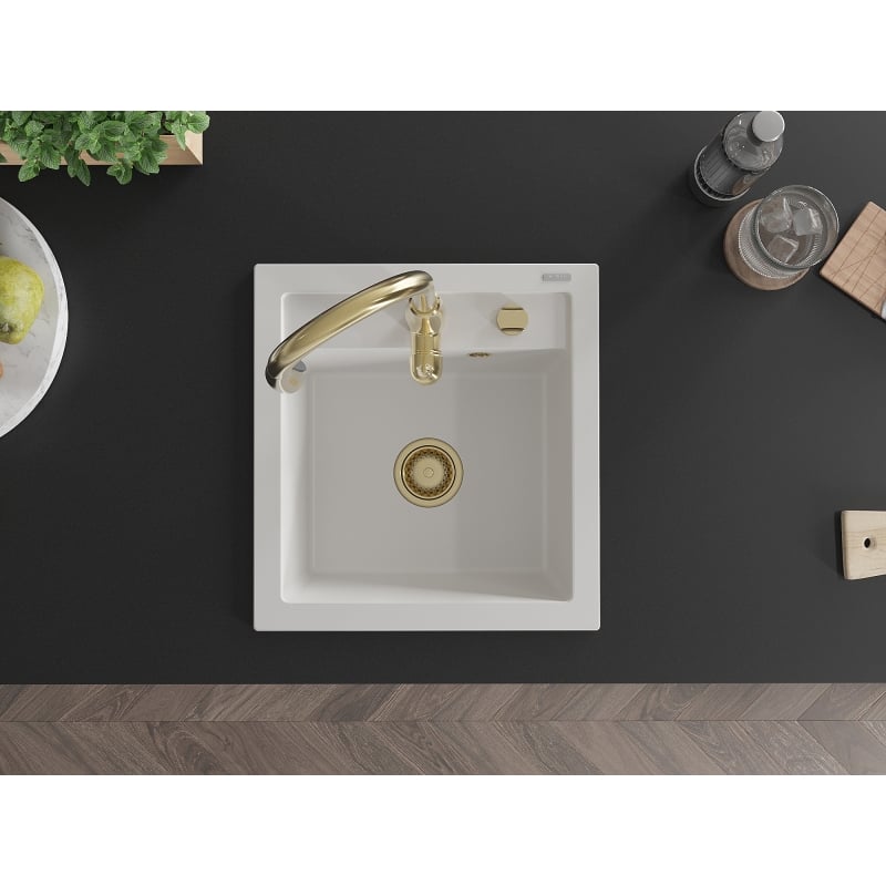 Mexen Vito 1-bowl granite kitchen sink with Savita faucet, white - 6503-20-672601-50