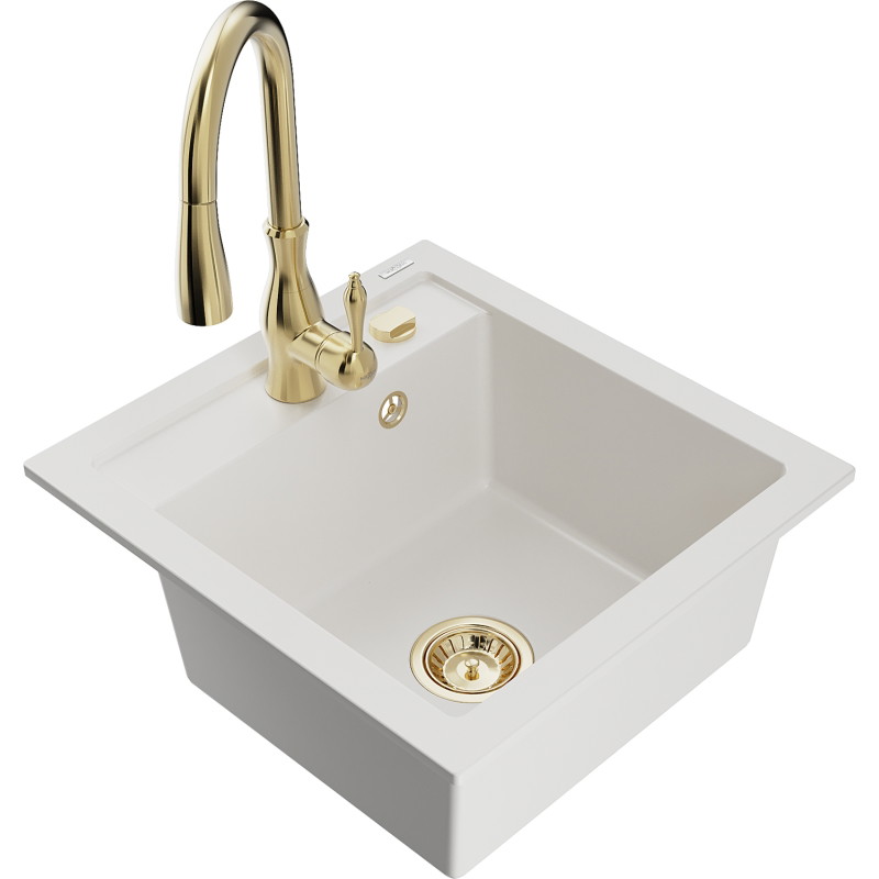 Mexen Vito 1-bowl granite kitchen sink with Savita faucet, white - 6503-20-672601-50