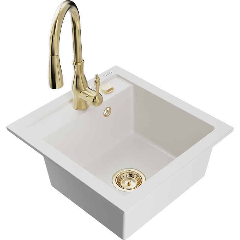 Mexen Vito Granite Sink 1-Bowl with Savita Kitchen Tap, White - 6503-20-672601-50
