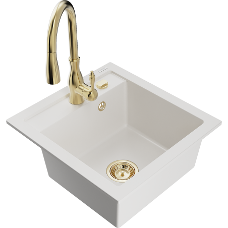 Mexen Vito 1-compartment granite sink with a kitchen mixer tap Savita, White - 6503-20-672601-50