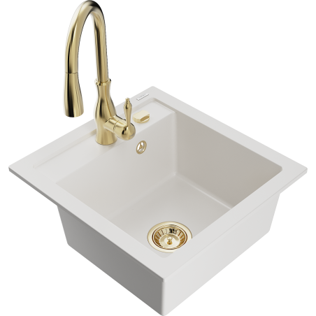 Mexen Vito Granite Sink 1-Bowl with Savita Kitchen Tap, White - 6503-20-672601-50