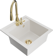 Mexen Vito granite kitchen sink 1-bowl with Savita kitchen faucet, white - 6503-20-672601-50