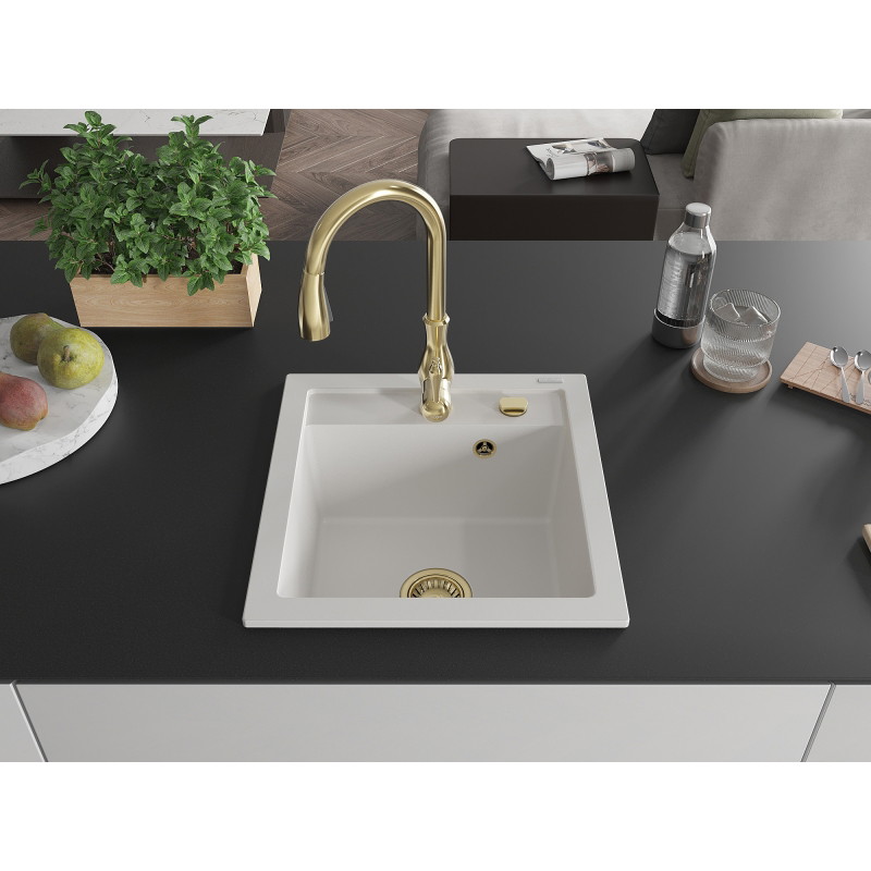 Mexen Vito granite kitchen sink 1-bowl with Savita kitchen faucet, white - 6503-20-672601-50