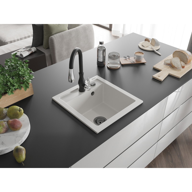 Mexen Vito granite kitchen sink with single bowl and Savita kitchen faucet, white - 6503-20-672601-70