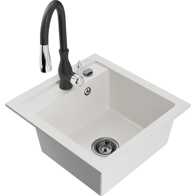 Mexen Vito granite kitchen sink, 1-bowl with Savita kitchen tap, white - 6503-20-672601-70