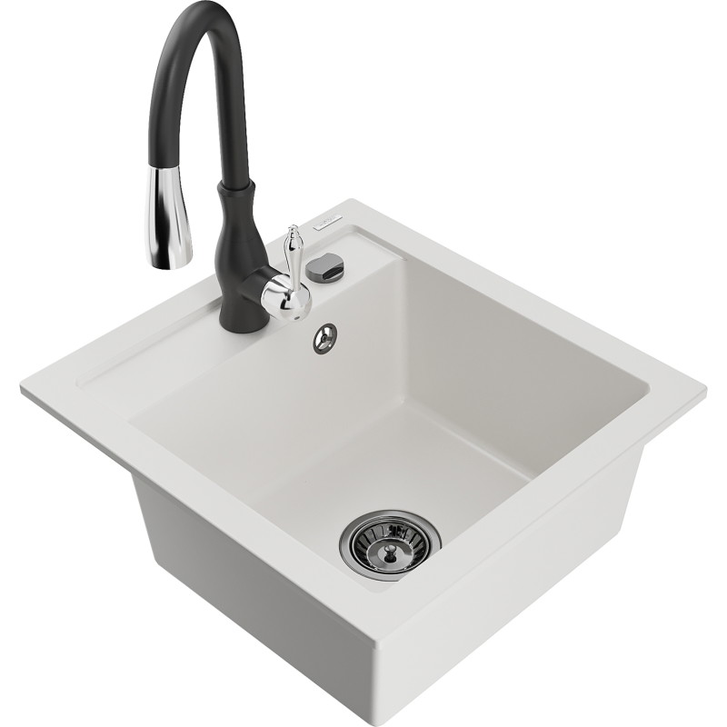 Mexen Vito granite kitchen sink with single bowl and Savita kitchen faucet, white - 6503-20-672601-70