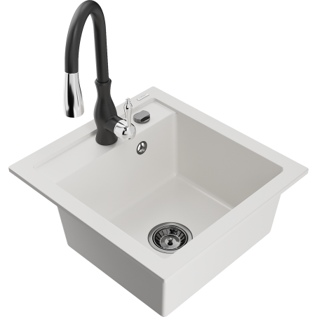 Mexen Vito 1-compartment granite sink with a kitchen mixer tap Savita, White - 6503-20-672601-70