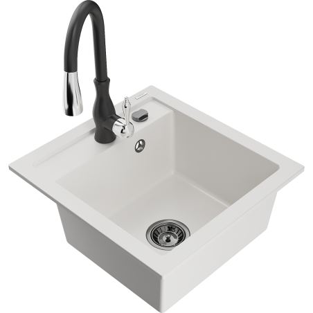 Mexen Vito granite kitchen sink, 1-bowl with Savita kitchen tap, white - 6503-20-672601-70