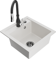 Mexen Vito 1-compartment granite sink with a kitchen mixer tap Savita, White - 6503-20-672601-70