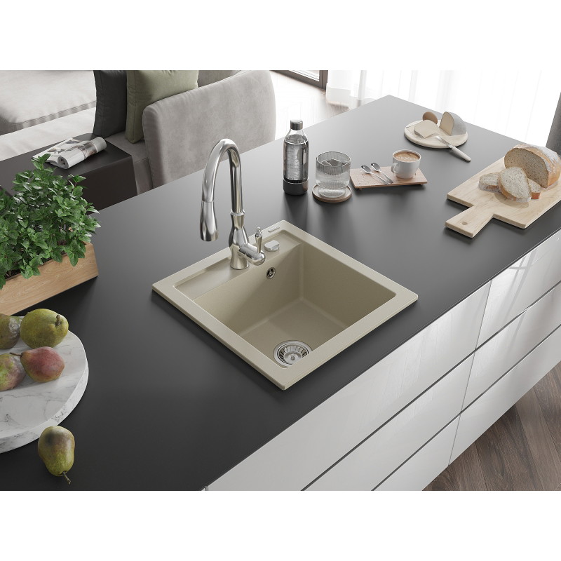 Mexen Vito 1-bowl granite sink with Savita kitchen faucet, beige - 6503-69-672601-00