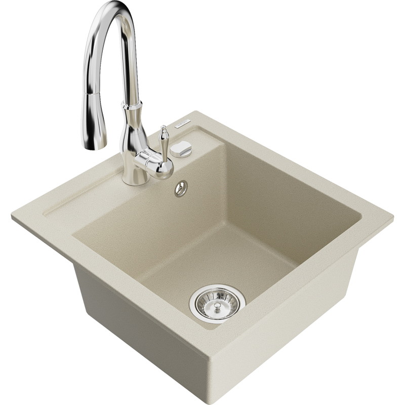 Mexen Vito 1-bowl granite sink with Savita kitchen faucet, beige - 6503-69-672601-00