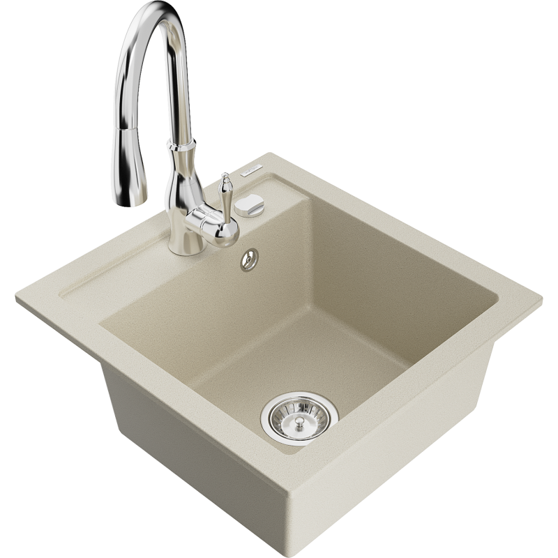Mexen Vito 1-bowl granite sink with Savita kitchen tap, beige - 6503-69-672601-00