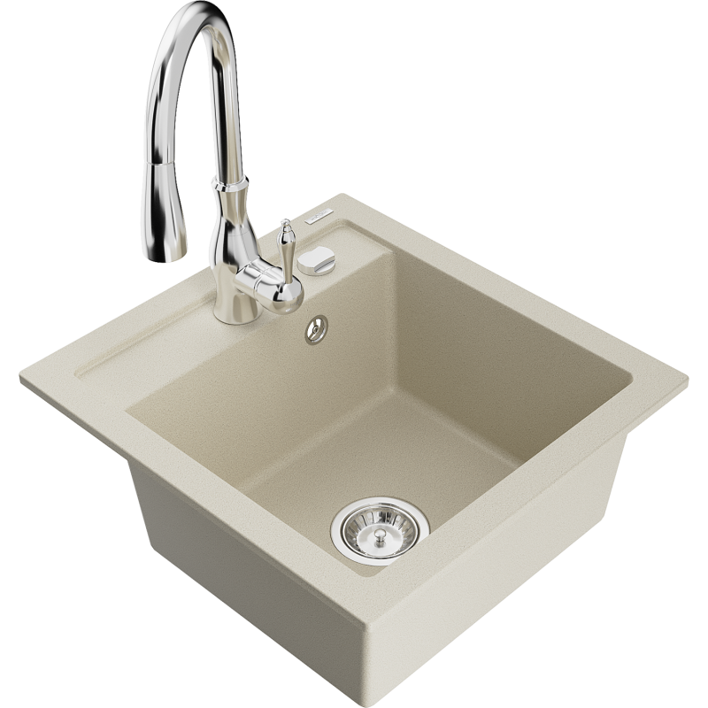 Mexen Vito 1-compartment granite sink with a kitchen mixer tap Savita, Beige - 6503-69-672601-00