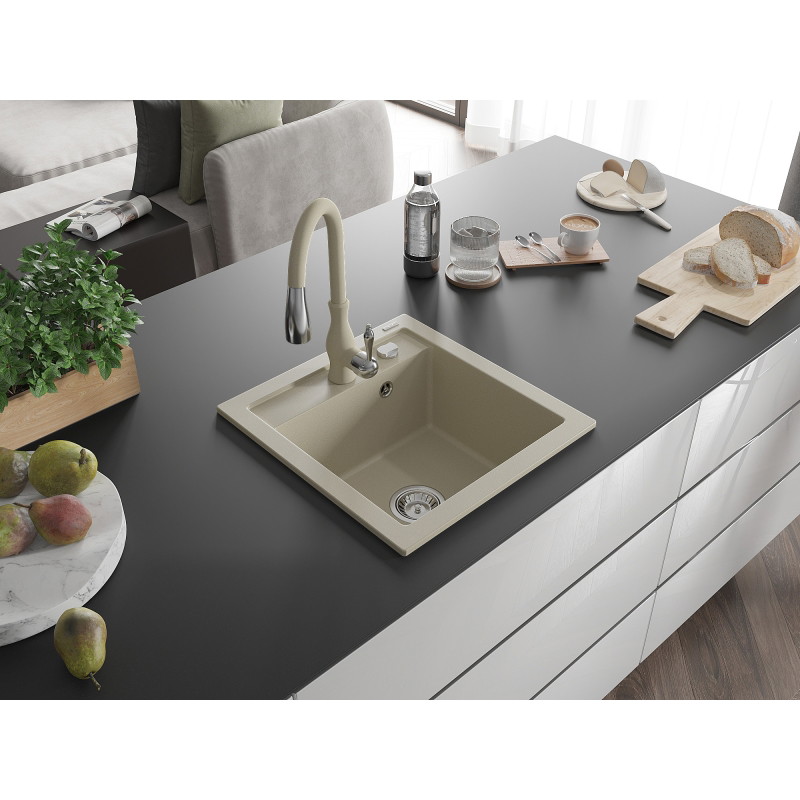 Mexen Vito 1-Bowl Granite Sink with Savita Kitchen Faucet, Beige - 6503-69-672601-69