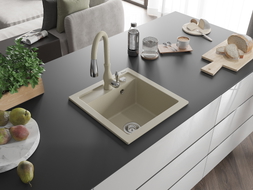 Mexen Vito single-bowl granite sink with Savita kitchen faucet, beige - 6503-69-672601-69