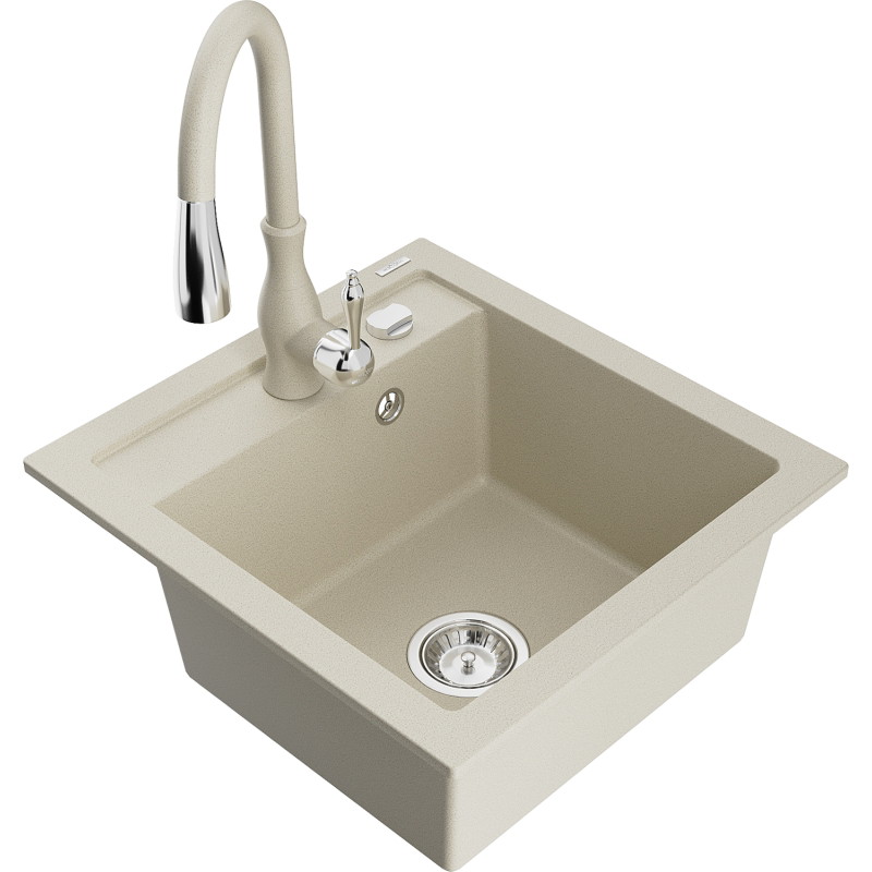Mexen Vito single-bowl granite sink with Savita kitchen faucet, beige - 6503-69-672601-69