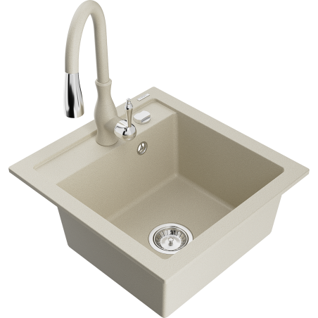 Mexen Vito granite kitchen sink 1-bowl with Savita kitchen tap, beige - 6503-69-672601-69