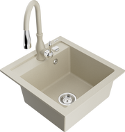 Mexen Vito granite kitchen sink 1-bowl with Savita kitchen tap, beige - 6503-69-672601-69