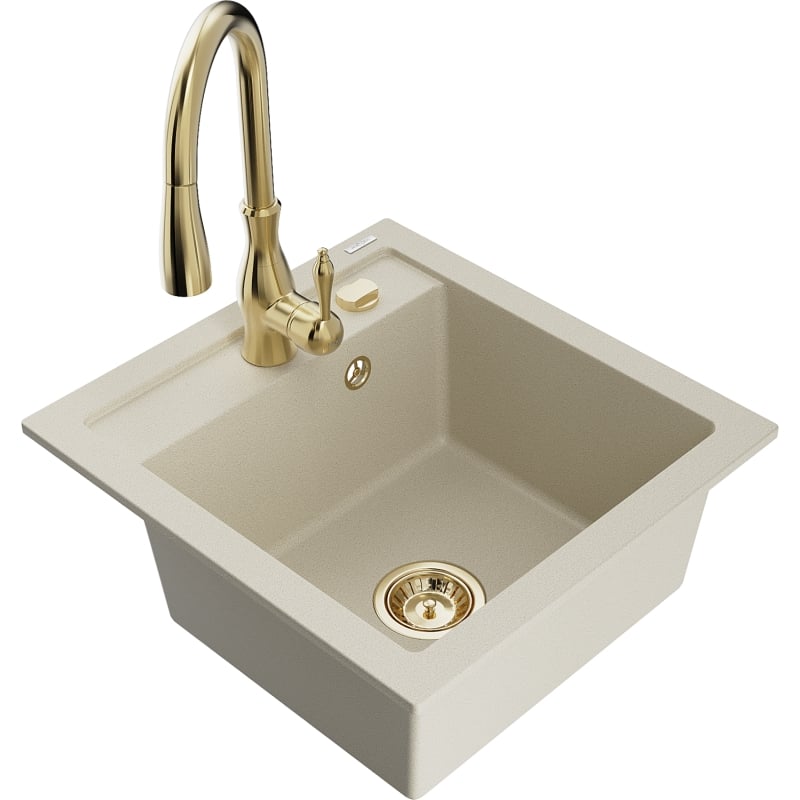 Mexen Vito granite kitchen sink 1-bowl with Savita kitchen faucet, beige - 6503-69-672601-50