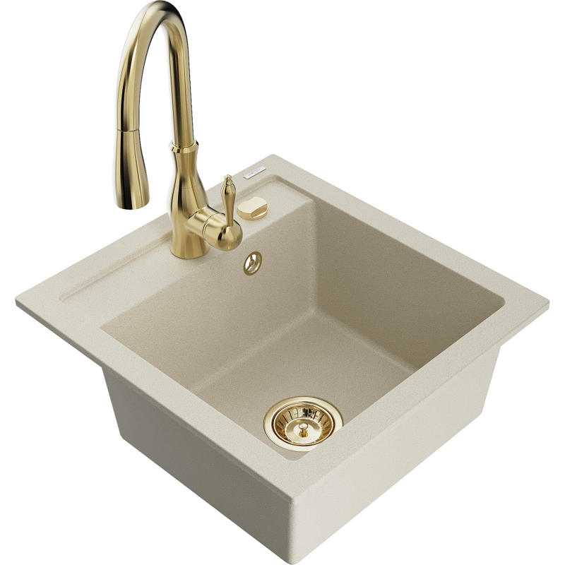 Mexen Vito granite sink 1-bowl with Savita kitchen tap, beige - 6503-69-672601-50