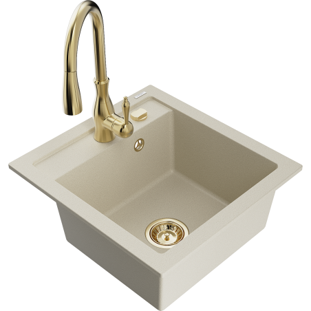 Mexen Vito granite kitchen sink 1-bowl with Savita kitchen faucet, beige - 6503-69-672601-50