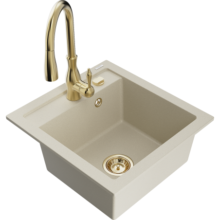 Mexen Vito granite sink 1-bowl with Savita kitchen tap, beige - 6503-69-672601-50