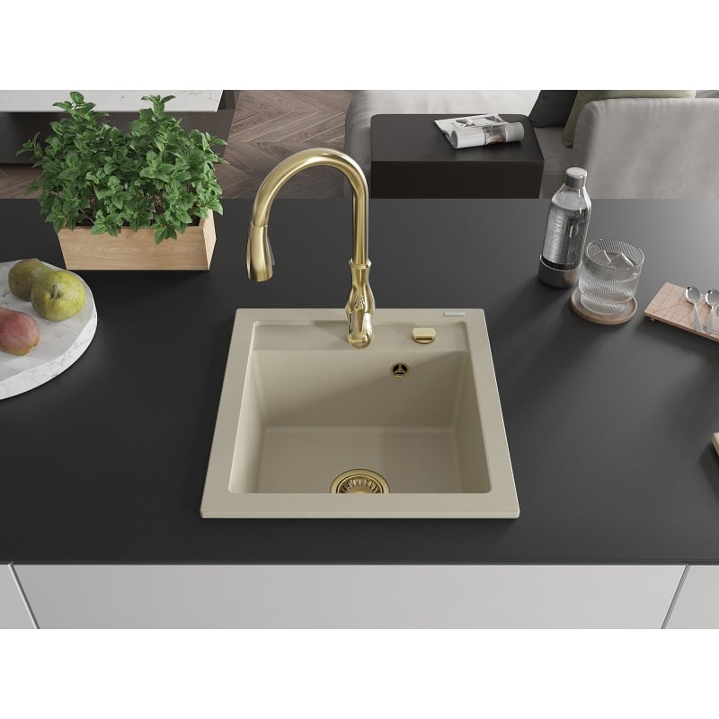Mexen Vito granite kitchen sink 1-bowl with Savita kitchen faucet, beige - 6503-69-672601-50