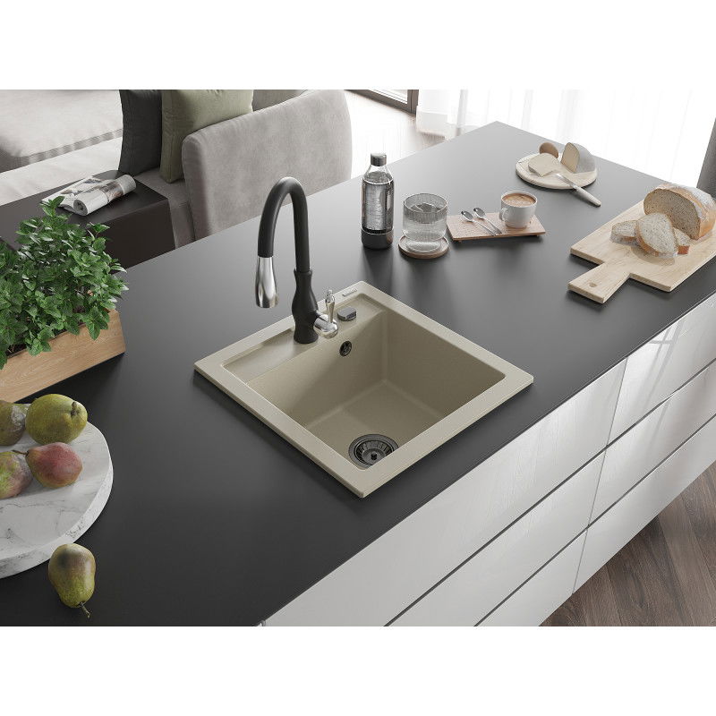 Mexen Vito 1-bowl granite sink with Savita kitchen tap, beige - 6503-69-672601-70