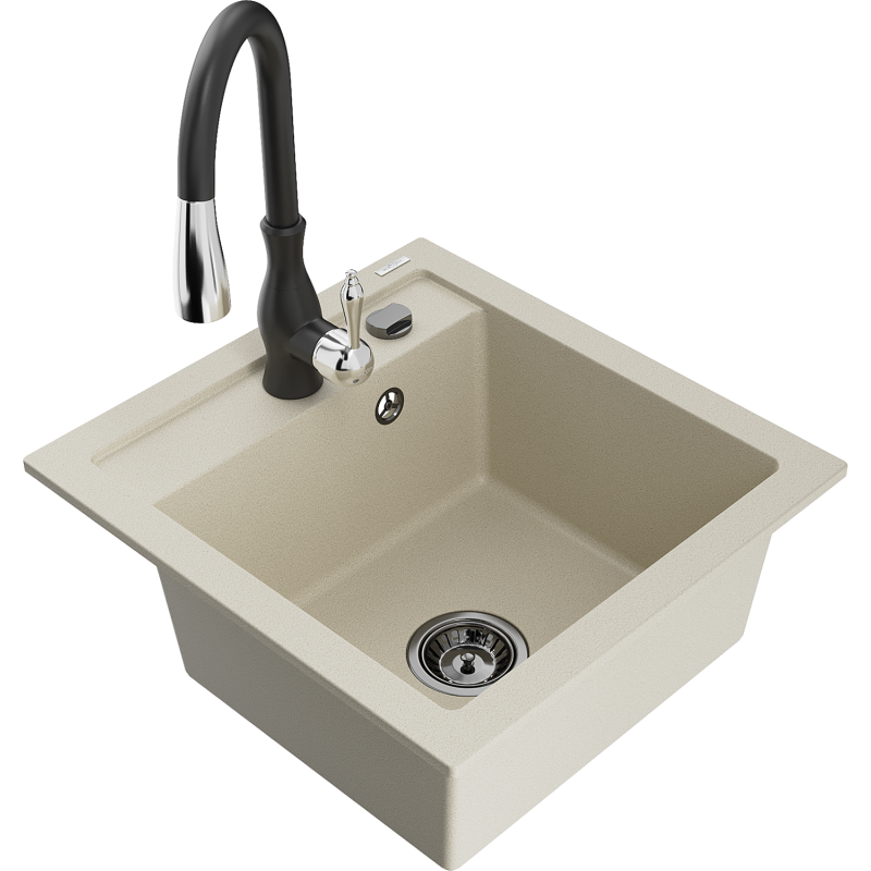Mexen Vito 1-bowl granite sink with Savita kitchen tap, beige - 6503-69-672601-70