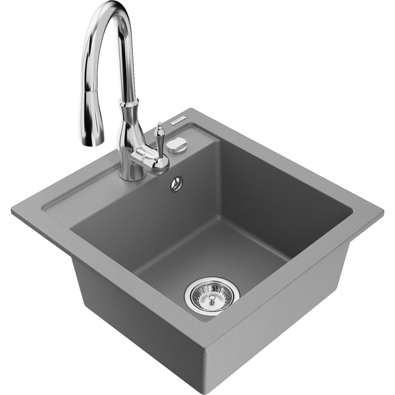 Mexen Vito granite sink 1-bowl with Savita kitchen faucet, gray - 6503-71-672601-00