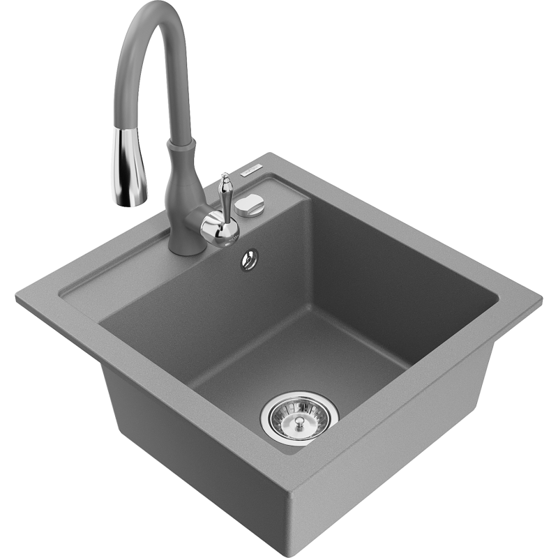 Mexen Vito 1-bowl granite sink with Savita kitchen tap, grey - 6503-71-672601-71