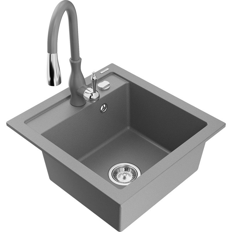 Mexen Vito granite kitchen sink 1-bowl with Savita kitchen faucet, gray - 6503-71-672601-71