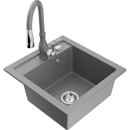 Mexen Vito granite kitchen sink 1-bowl with Savita kitchen faucet, gray - 6503-71-672601-71