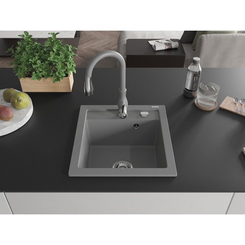 Mexen Vito 1-bowl granite sink with Savita kitchen faucet, gray - 6503-71-672601-71
