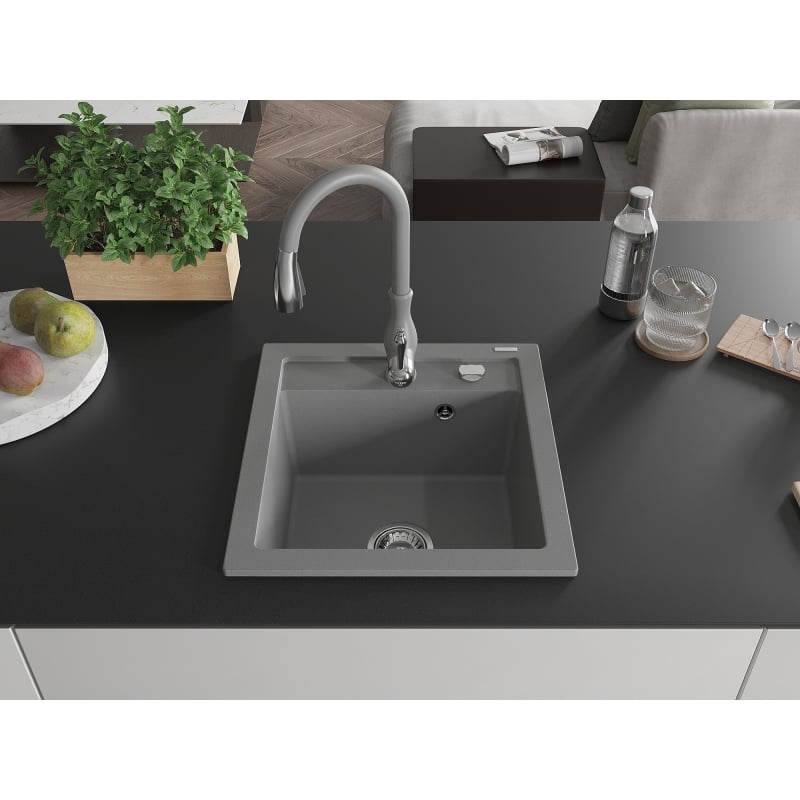 Mexen Vito granite kitchen sink 1-bowl with Savita kitchen faucet, gray - 6503-71-672601-71