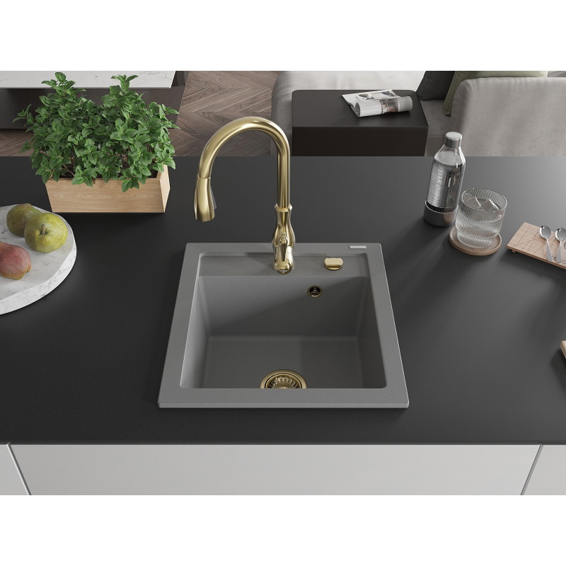 Mexen Vito 1-bowl granite sink with Savita kitchen faucet, gray - 6503-71-672601-50