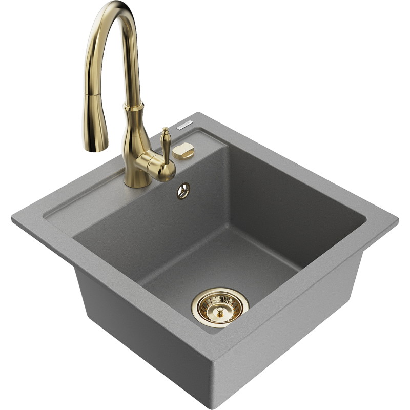 Mexen Vito 1-bowl granite sink with Savita kitchen faucet, gray - 6503-71-672601-50