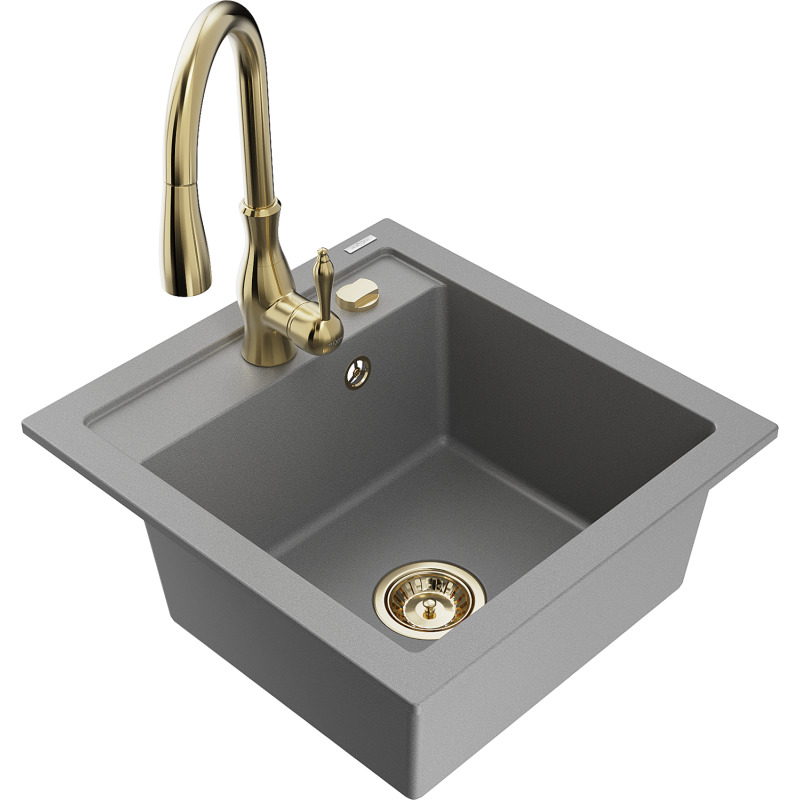 Mexen Vito granite sink 1-bowl with Savita kitchen tap, grey - 6503-71-672601-50