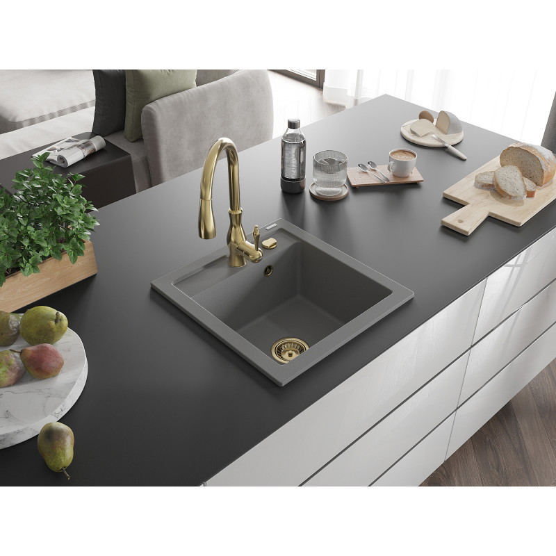 Mexen Vito 1-bowl granite kitchen sink with Savita faucet, gray - 6503-71-672601-50