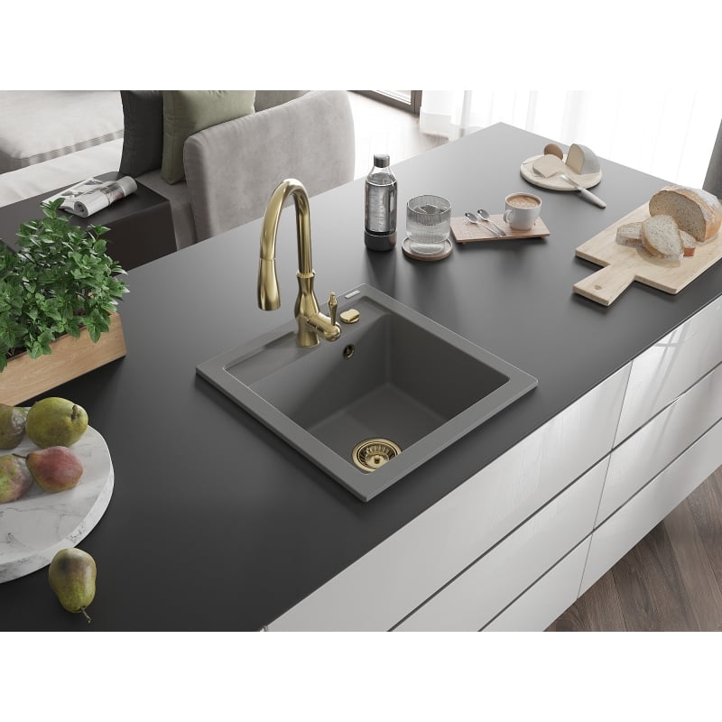 Mexen Vito 1-bowl granite sink with Savita kitchen faucet, gray - 6503-71-672601-50