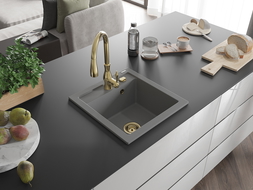 Mexen Vito granite sink 1-bowl with Savita kitchen tap, grey - 6503-71-672601-50