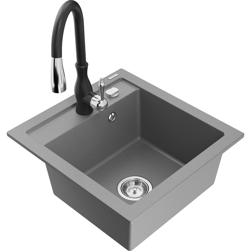 Mexen Vito granite kitchen sink 1-bowl with Savita kitchen faucet, gray - 6503-71-672601-70