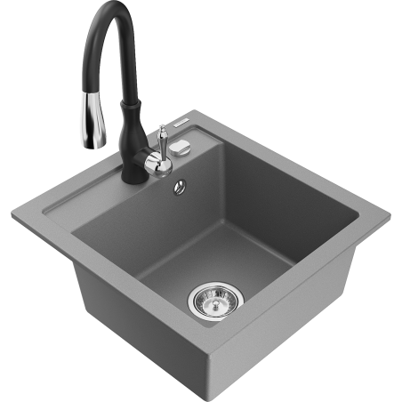 Mexen Vito granite kitchen sink 1-bowl with Savita kitchen faucet, gray - 6503-71-672601-70