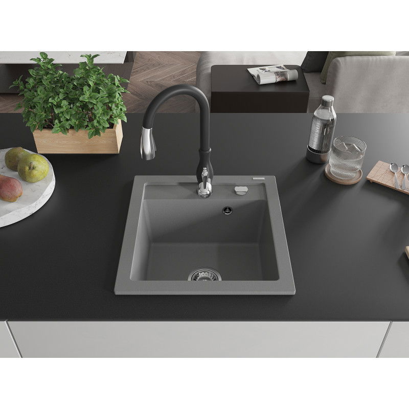 Mexen Vito 1-bowl granite kitchen sink with Savita tap, grey - 6503-71-672601-70