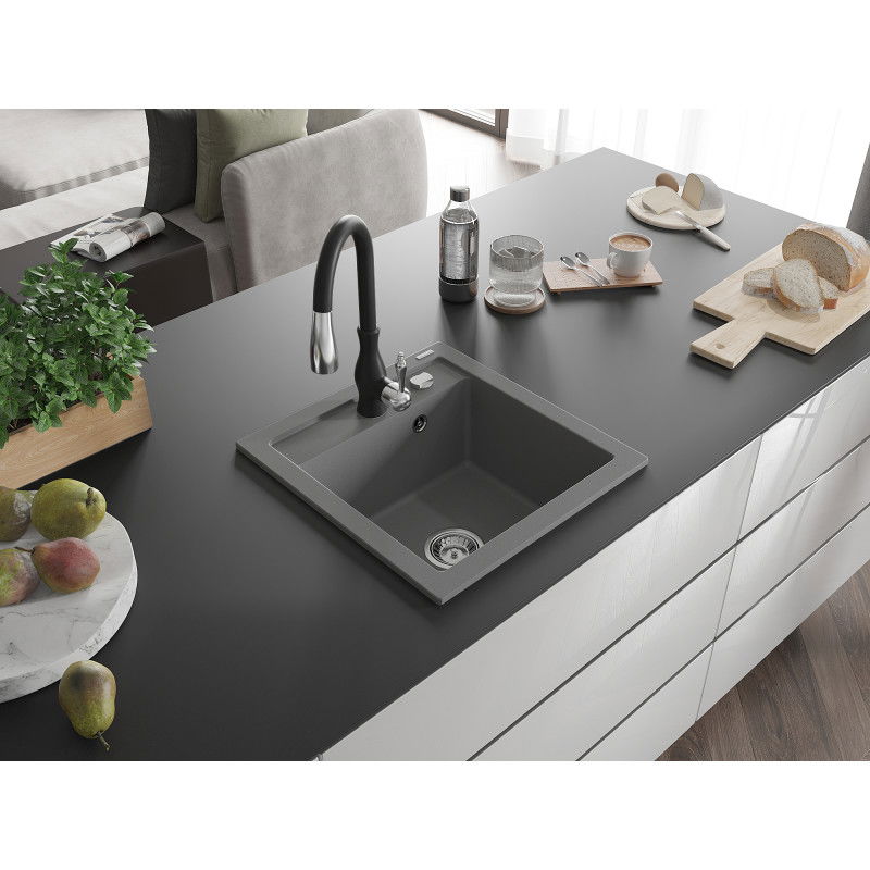 Mexen Vito 1-bowl granite kitchen sink with Savita tap, grey - 6503-71-672601-70