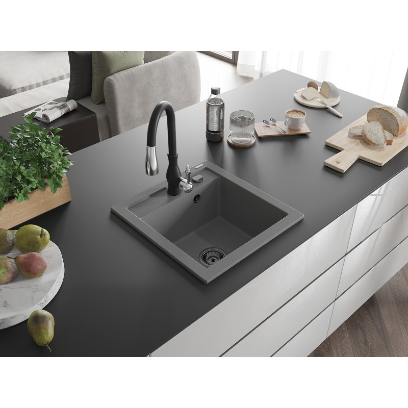 Mexen Vito granite sink 1-bowl with Savita kitchen faucet, gray - 6503-71-672601-70-B