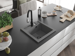 Mexen Vito granite sink 1-bowl with Savita kitchen faucet, gray - 6503-71-672601-70-B