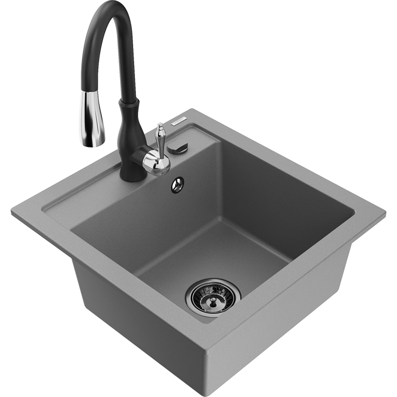 Mexen Vito 1-bowl Granite Sink with Savita Kitchen Tap, Grey - 6503-71-672601-70-B