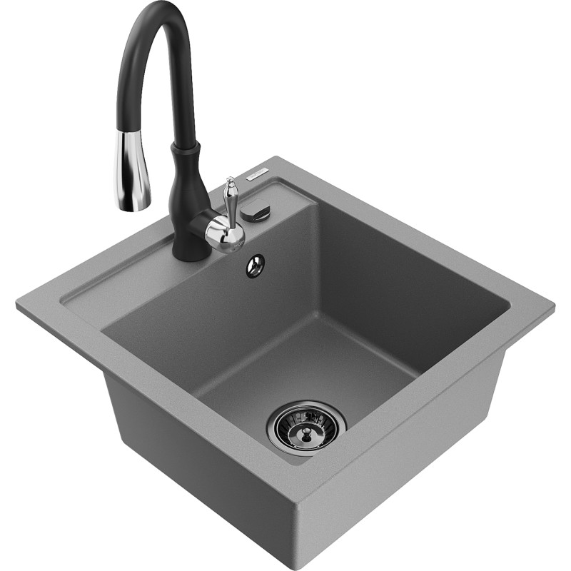 Mexen Vito granite kitchen sink 1-bowl with Savita kitchen faucet, gray - 6503-71-672601-70-B