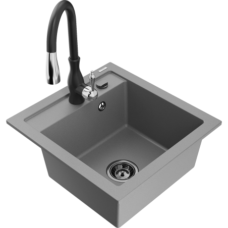 Mexen Vito granite sink 1-bowl with Savita kitchen faucet, gray - 6503-71-672601-70-B